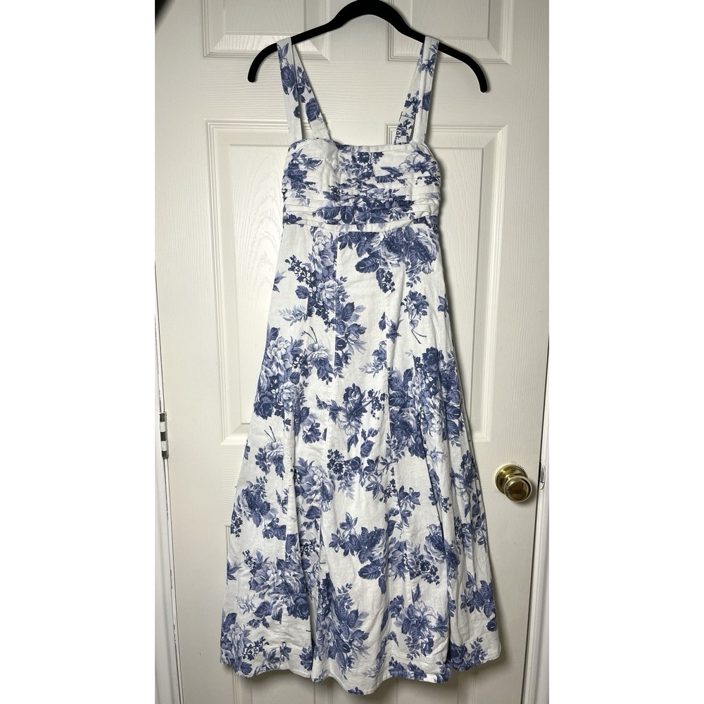 Abercrombie & Fitch Emerson Blue Floral Linen Blend Midi Dress XS Fit & Flare - Picture 2 of 13